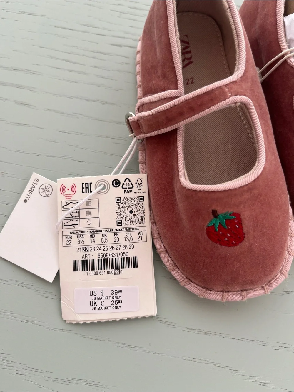 Zara Girls Pink Velvet Mary Jane Shoes with Strawberry Patch